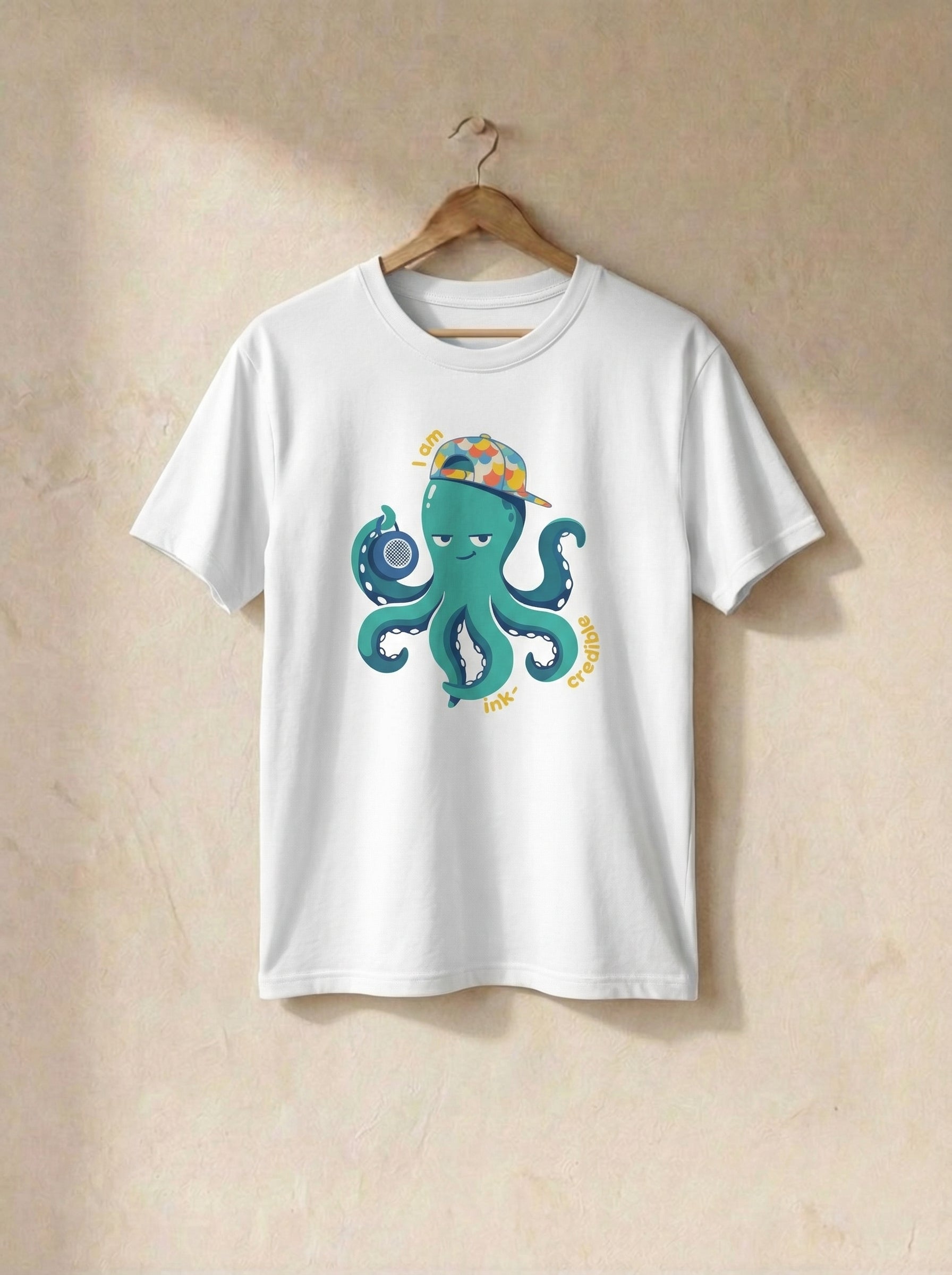 White t-shirt with a colorful octopus design on a beige wall background