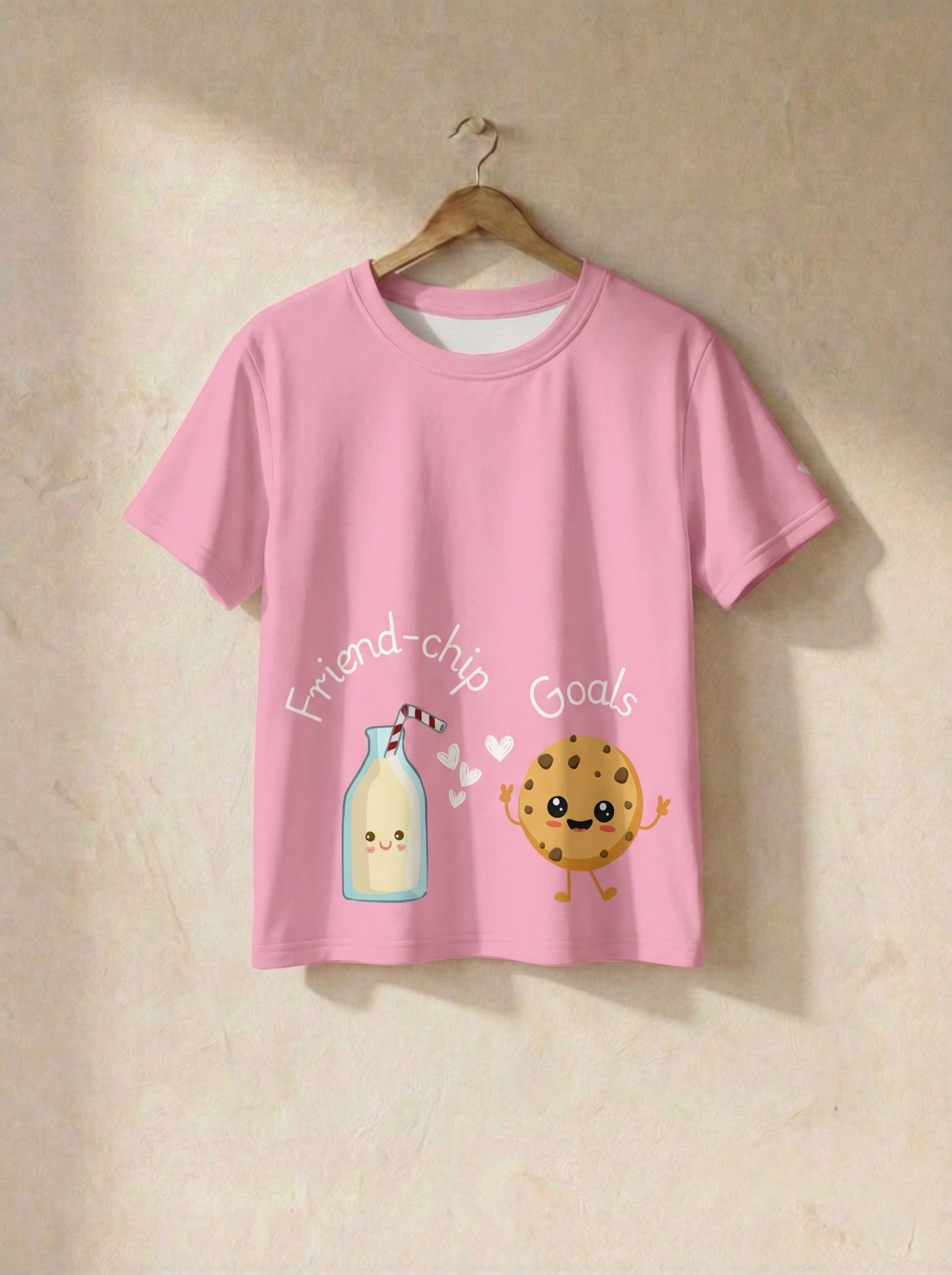 Pink t-shirt with a milk bottle and cookie design on a beige wall.