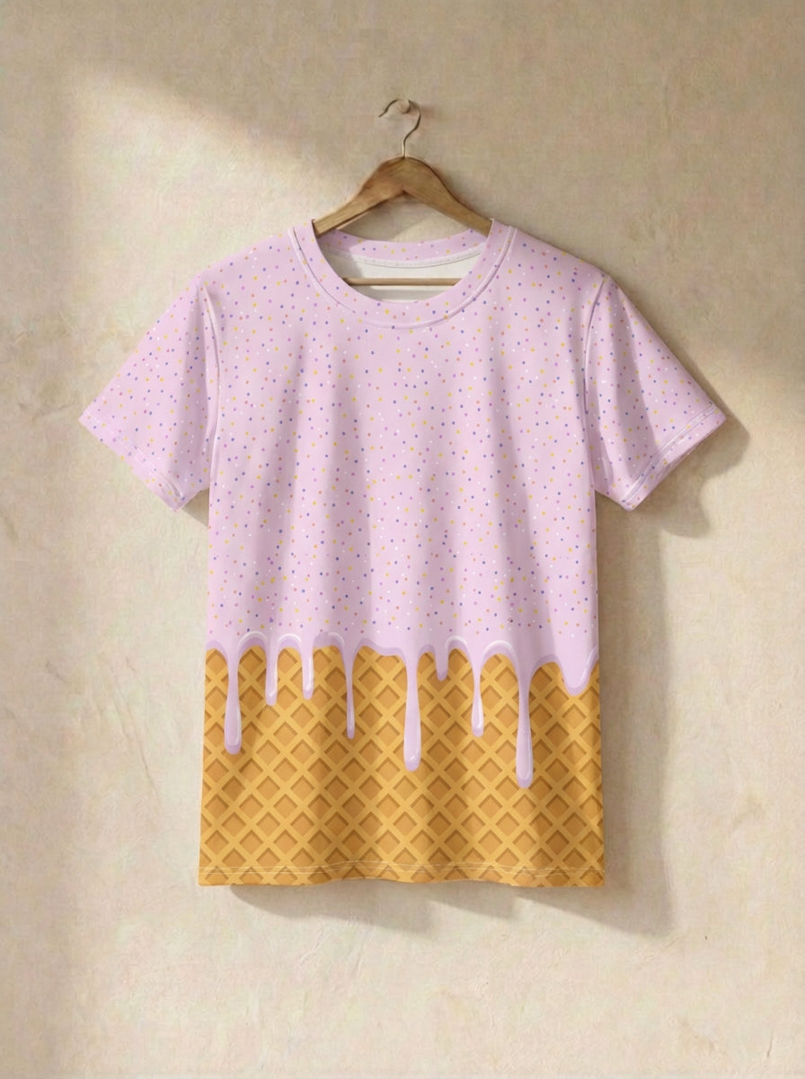 Pink t-shirt with ice cream cone design on a beige background