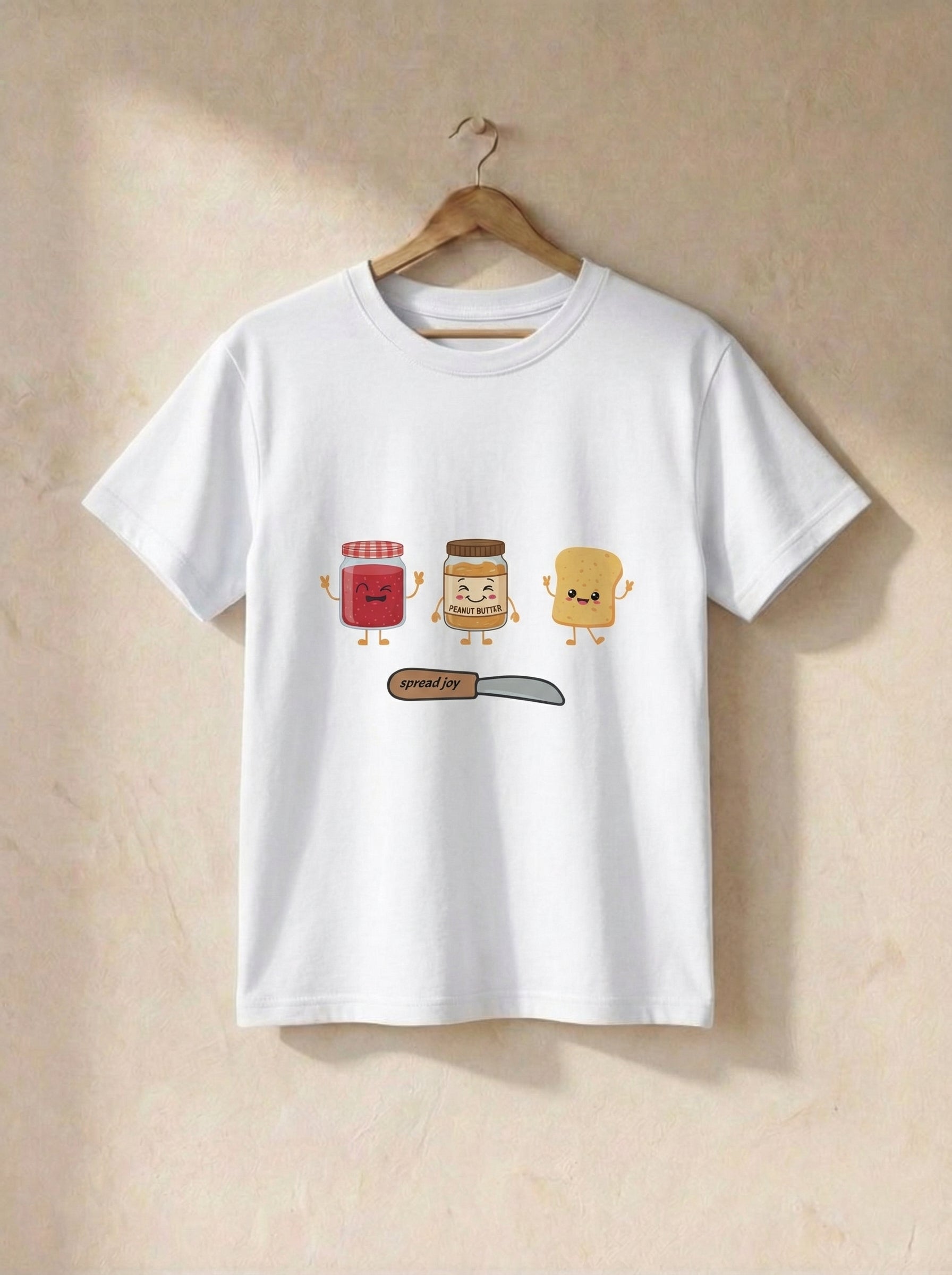 White t-shirt with cartoon peanut butter and jelly design on a beige background