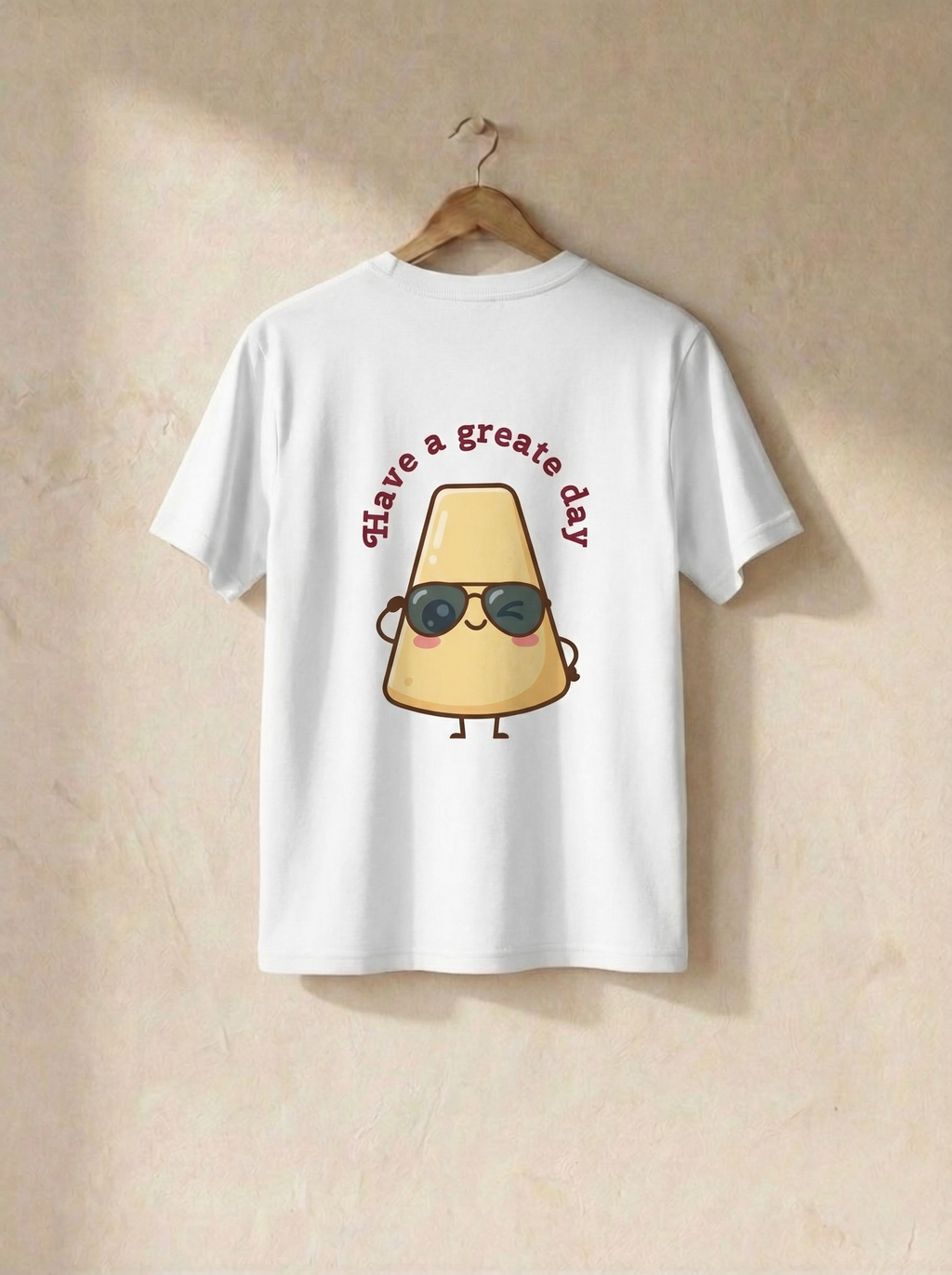 White t-shirt with a cartoon character and 'Have a great day' text on a beige wall.
