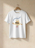 White t-shirt with cartoon design and text on a beige background