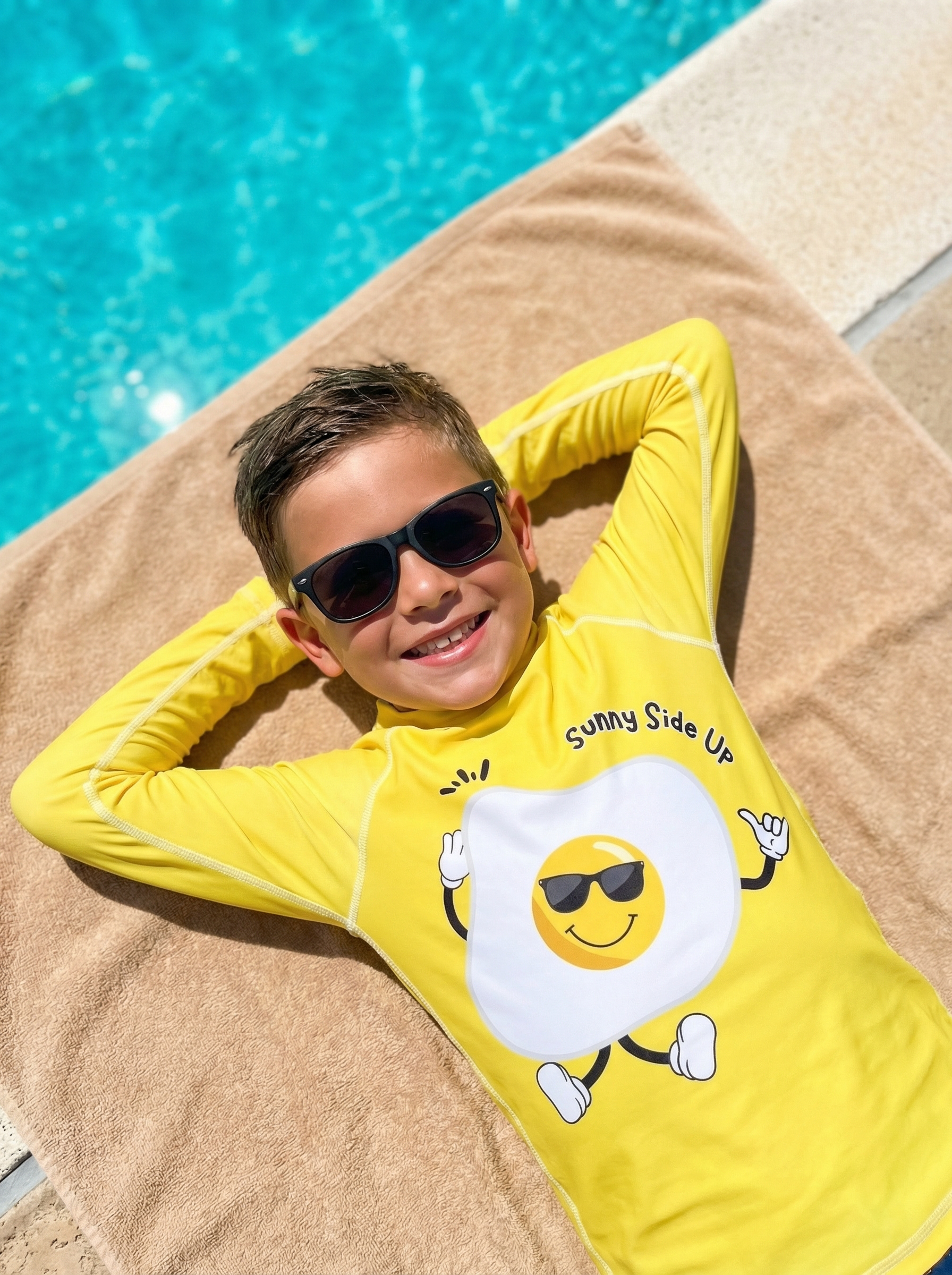 Child wearing a yellow 'Sunny Side Up' shirt with a cartoon sun design, lying on a towel by a pool.