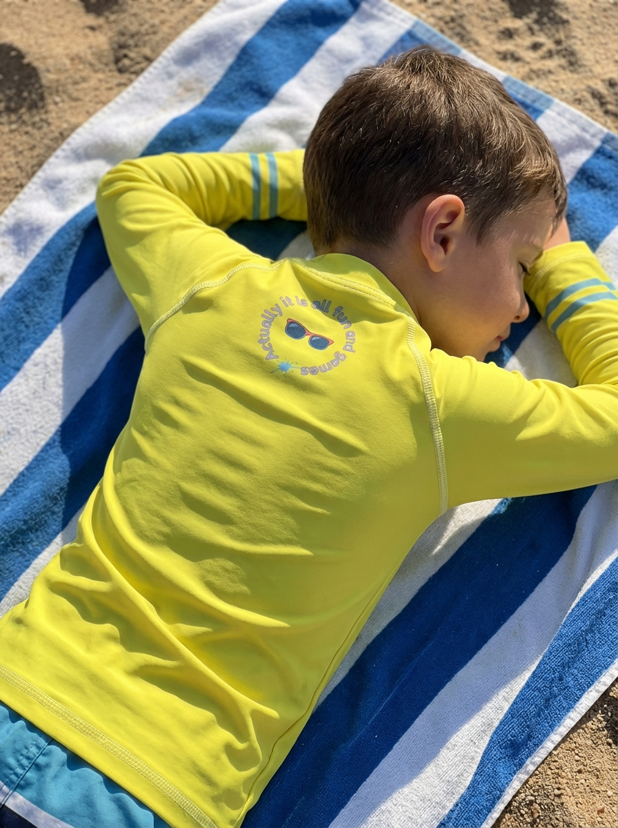 Child in a yellow shirt lying on a striped towel at the beach