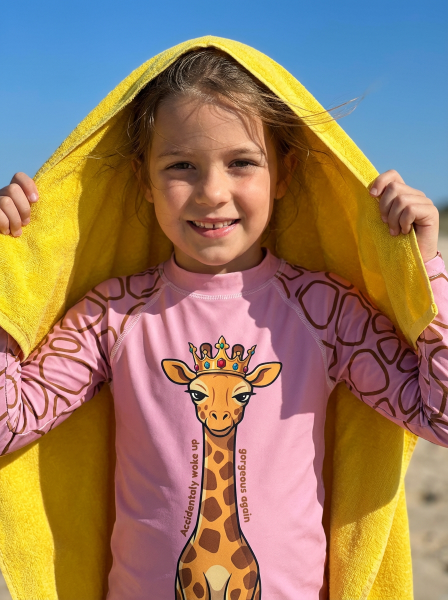 Child wearing a pink shirt with a giraffe design and a yellow towel over their head on a beach.