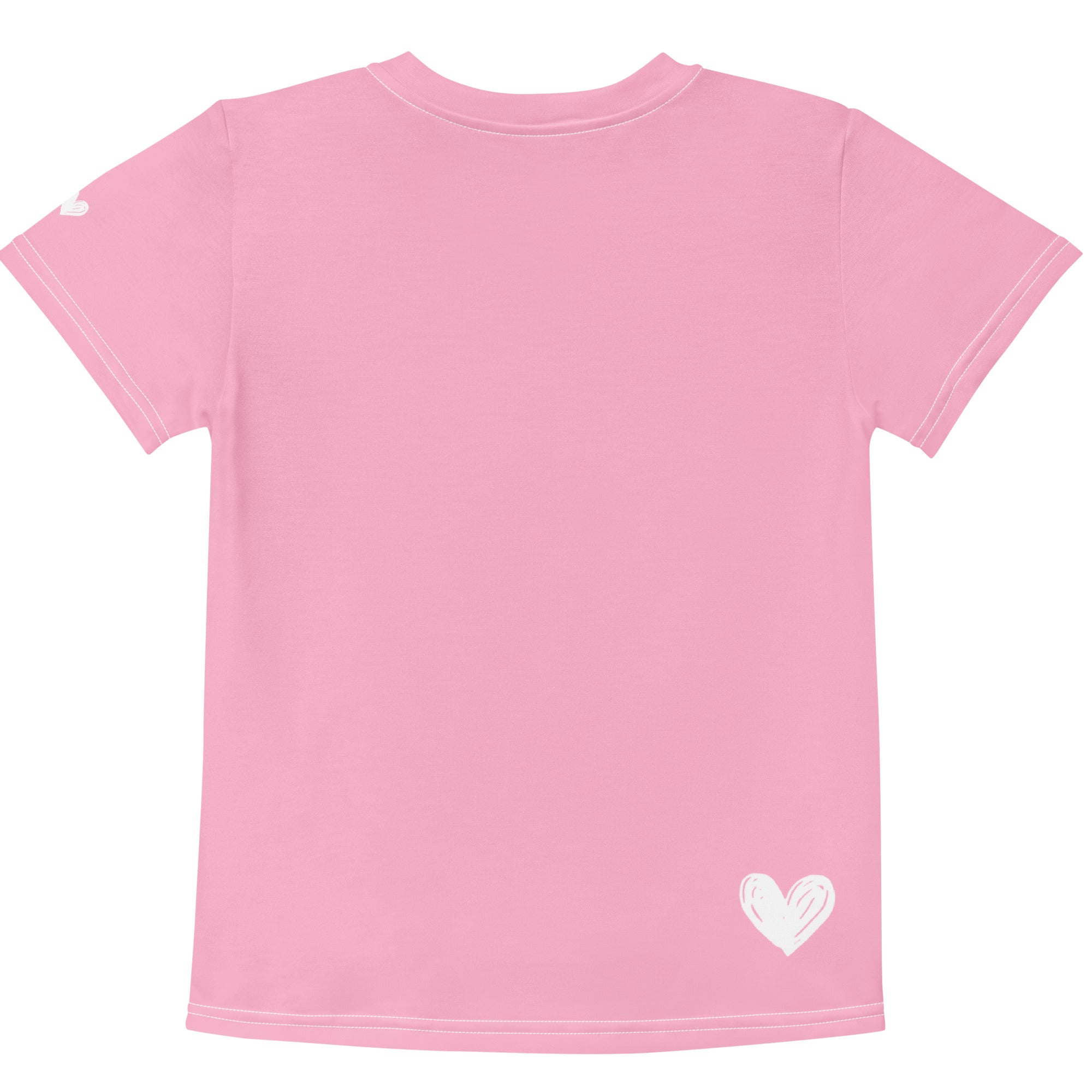 Pink t-shirt with a white heart on the back against a white background