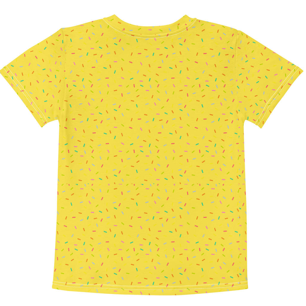 Yellow t-shirt with colorful sprinkles pattern on a white background