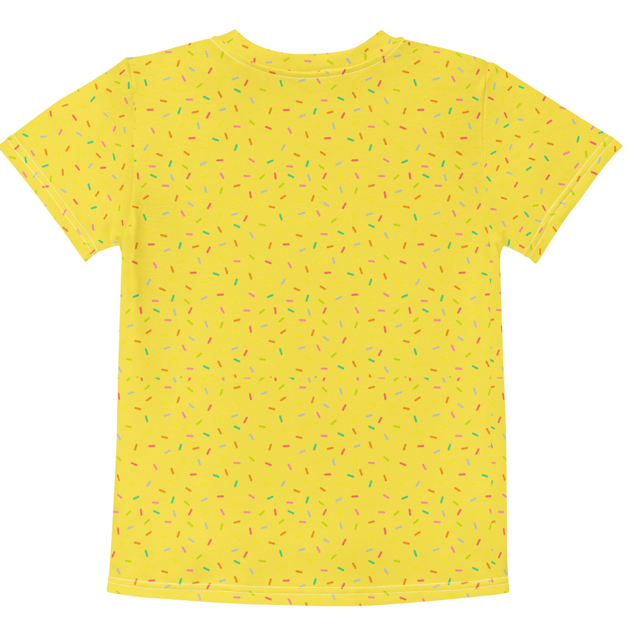 Yellow t-shirt with colorful sprinkles pattern on a white background