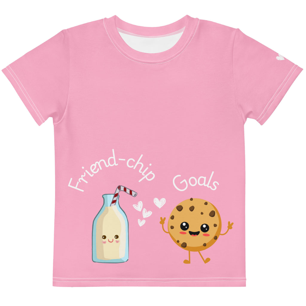 Pink t-shirt with cartoon milk bottle and cookie design on a white background