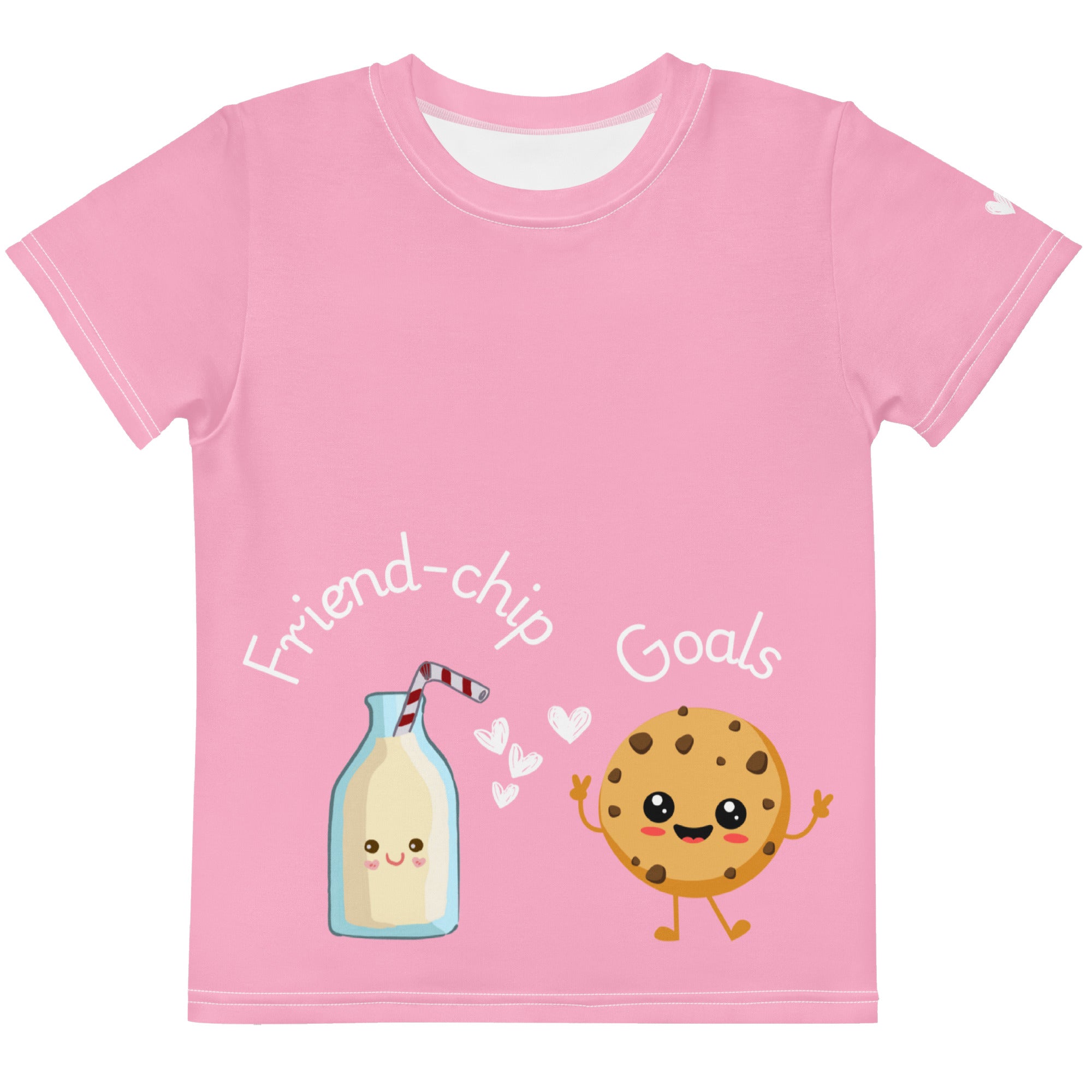 Pink t-shirt with cartoon milk bottle and cookie design on a white background