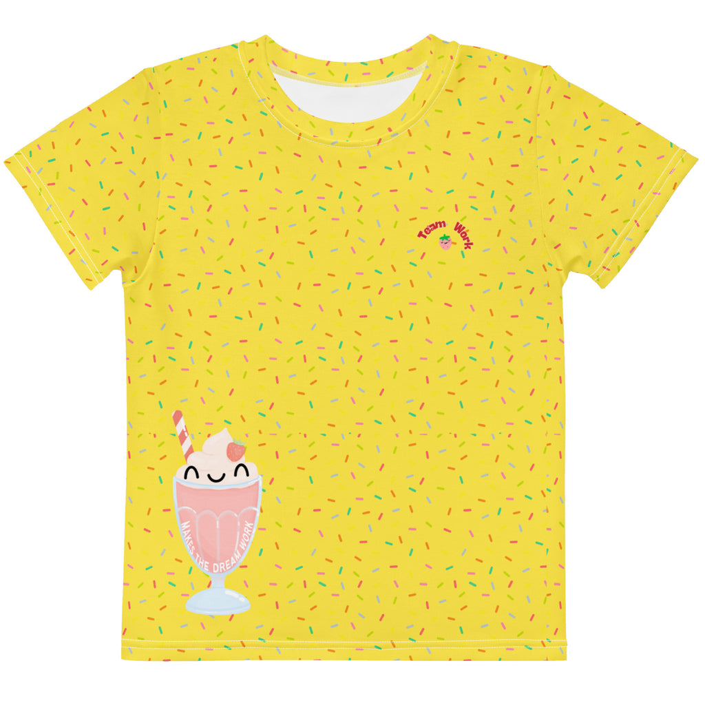 Yellow t-shirt with colorful sprinkles and a cartoon ice cream design on a white background