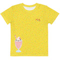 Yellow t-shirt with colorful sprinkles and a cartoon ice cream design on a white background