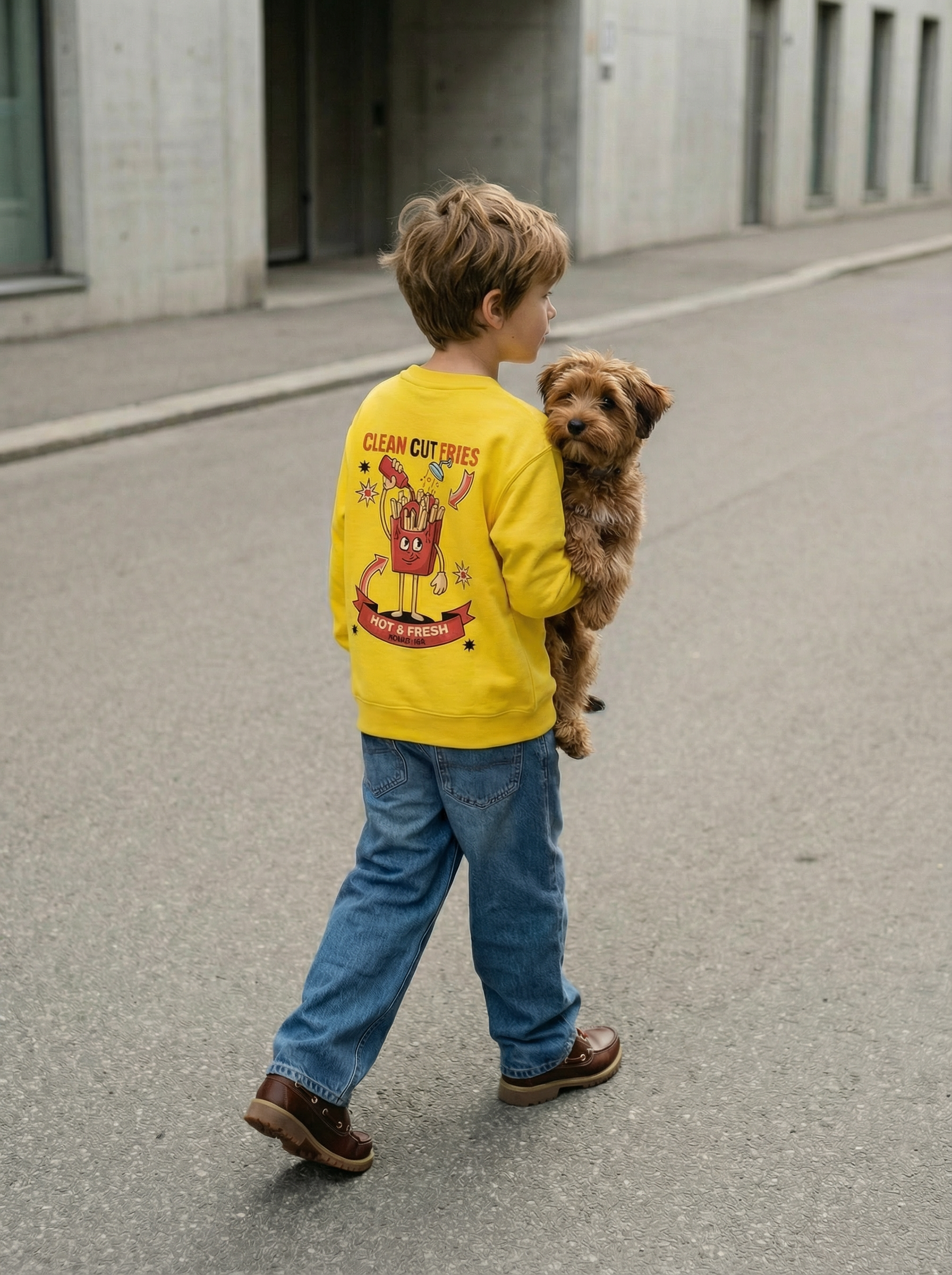Child in a yellow sweatshirt holding a small dog on a street.