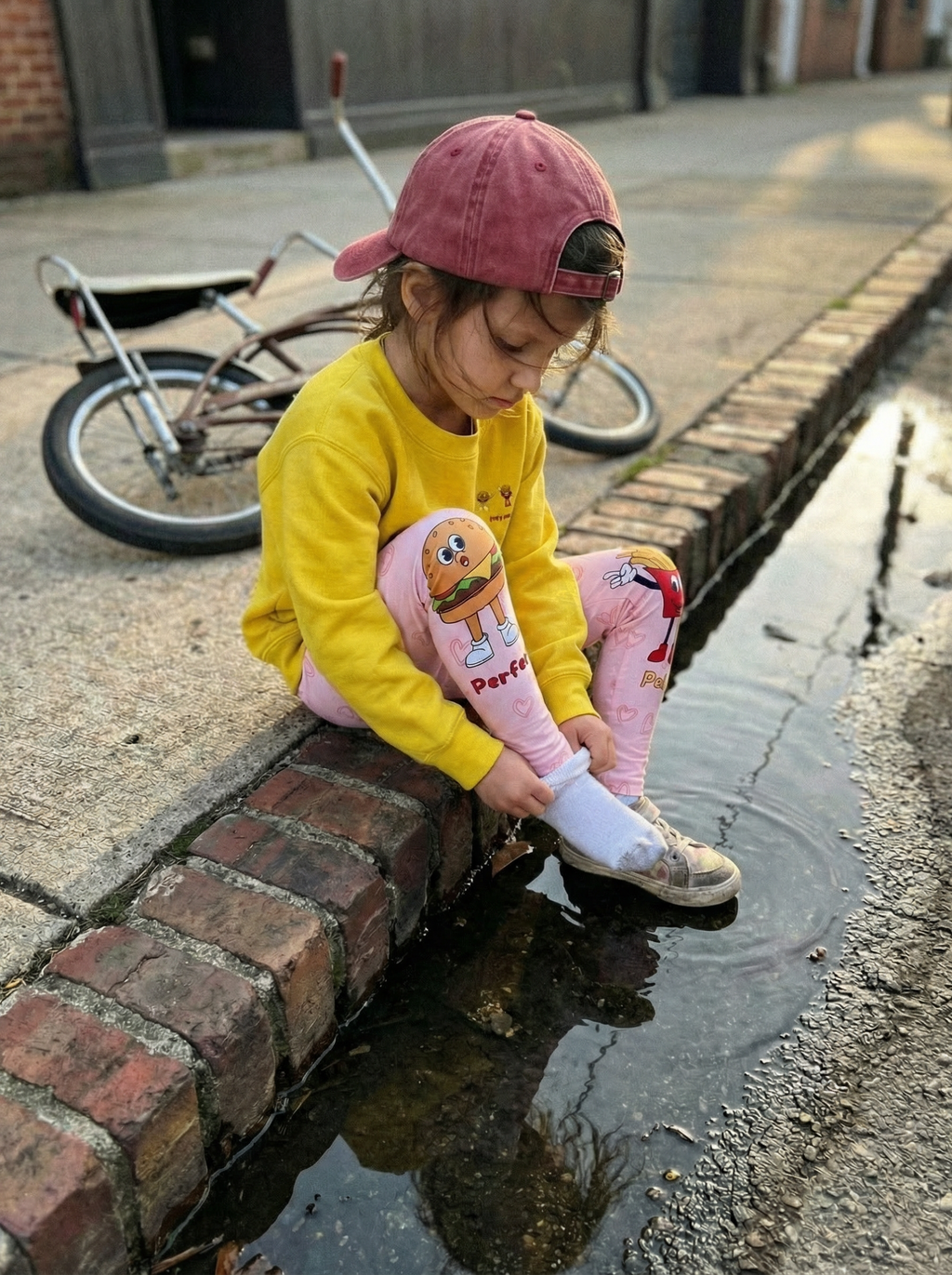 Child sitting on a brick curb next to a puddle wearing a yellow sweatshirt and pink cap.