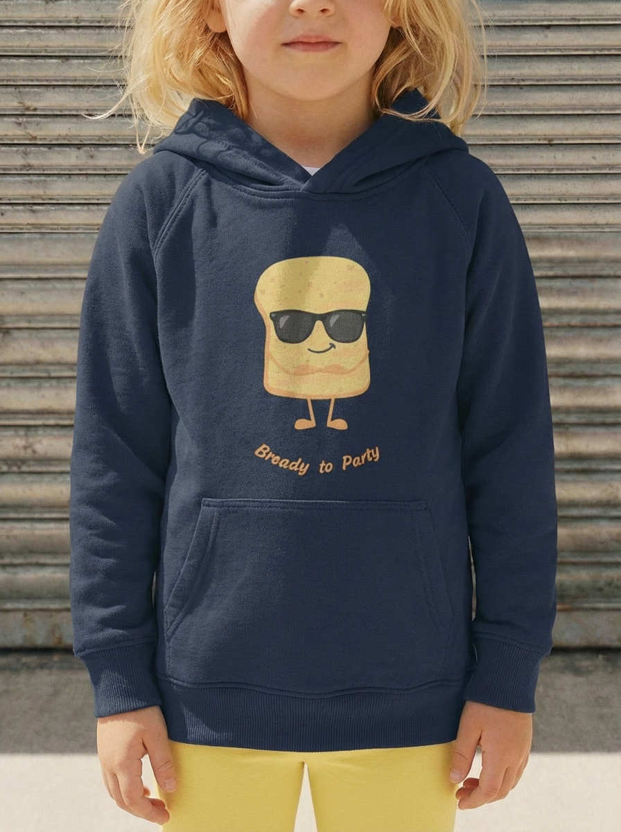 Child wearing a navy hoodie with a bread character graphic against a metal wall background