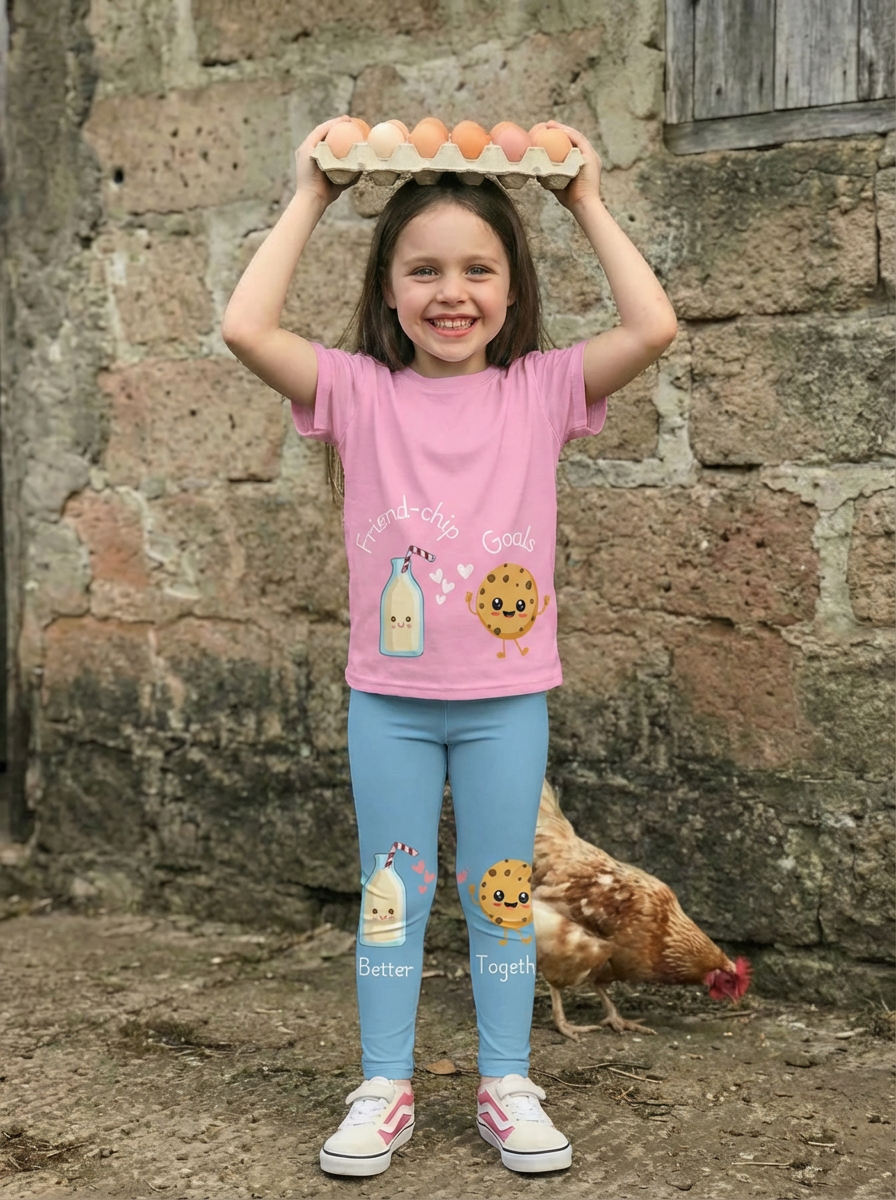 Young girl wearing a pink shirt and blue leggings with animal designs, standing in front of a stone wall with a chicken.