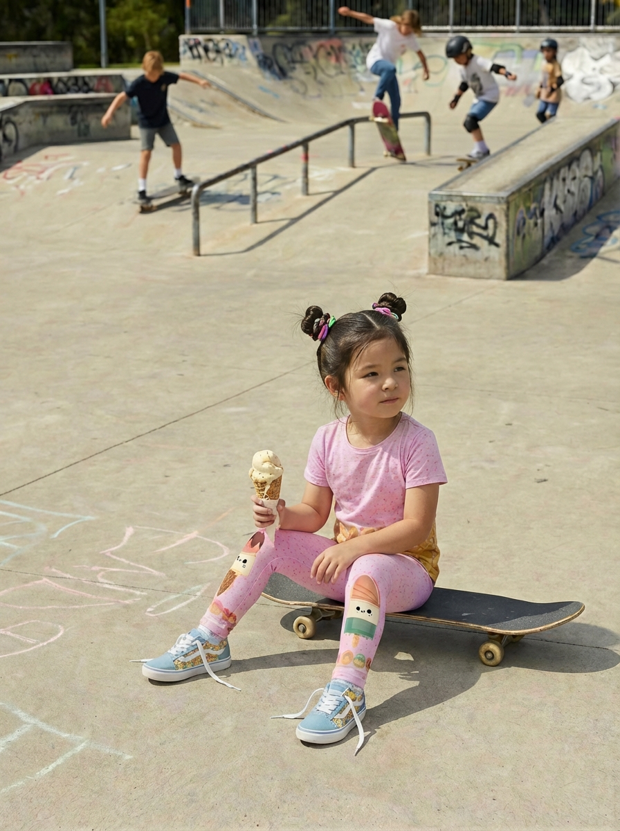 Child sitting on a skateboard with an ice cream cone at a skate park.