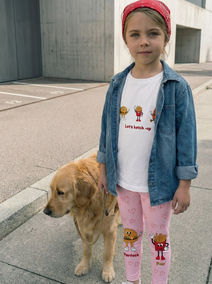 Young girl standing on a sidewalk with a dog, wearing a white t-shirt and pink leggings with cartoon designs.