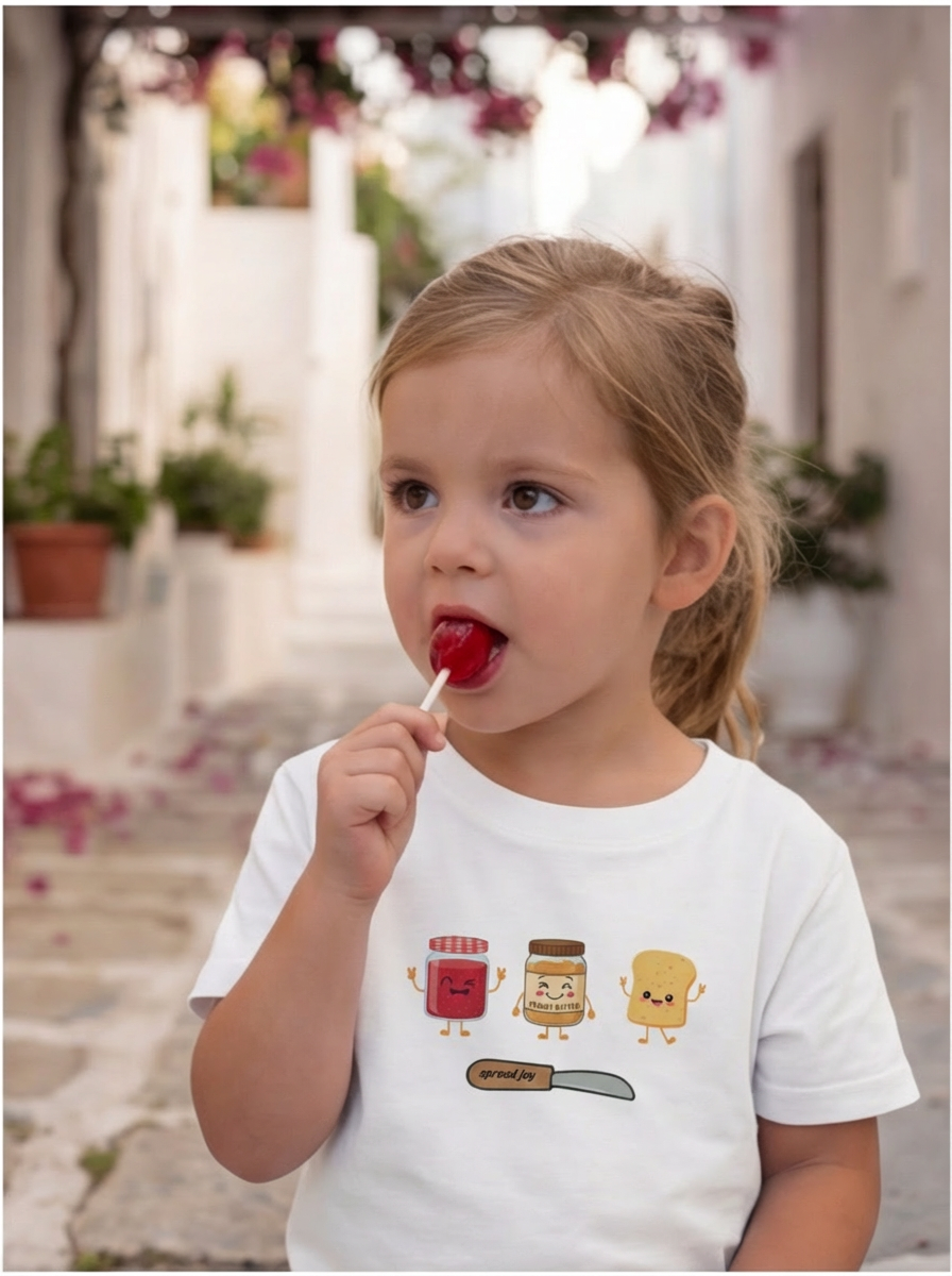 Child wearing a white t-shirt with cartoon designs, eating a lollipop outdoors.