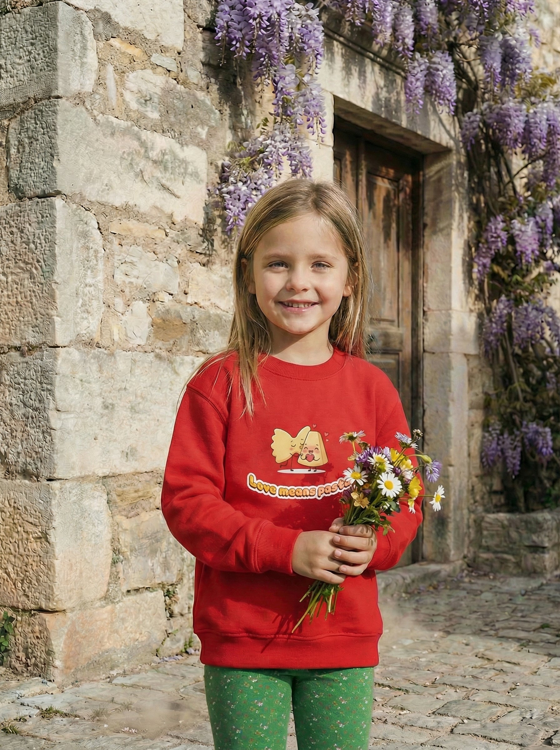 Young girl in a red sweatshirt holding flowers in front of a stone building with wisteria.