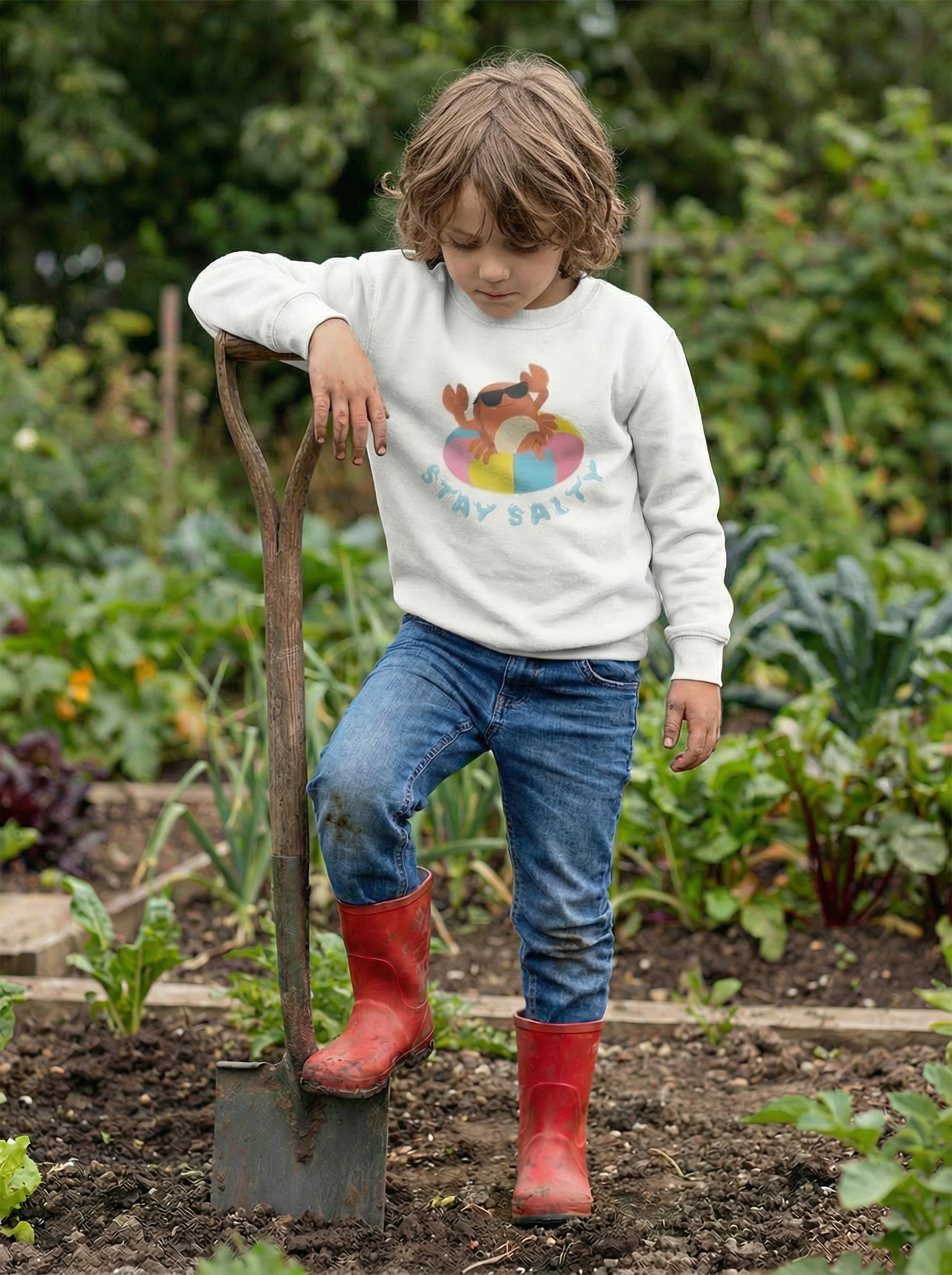 Child in a garden wearing a white sweatshirt with a colorful design, blue jeans, and red boots holding a shovel.