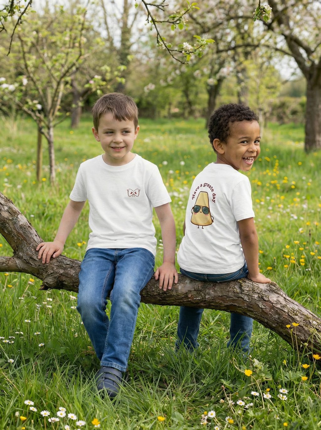 Two children sitting on a tree branch in a grassy field with trees and flowers in the background.
