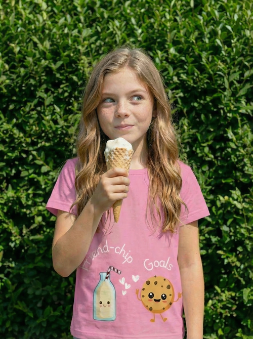 Young girl in a pink shirt holding an ice cream cone in front of a green hedge