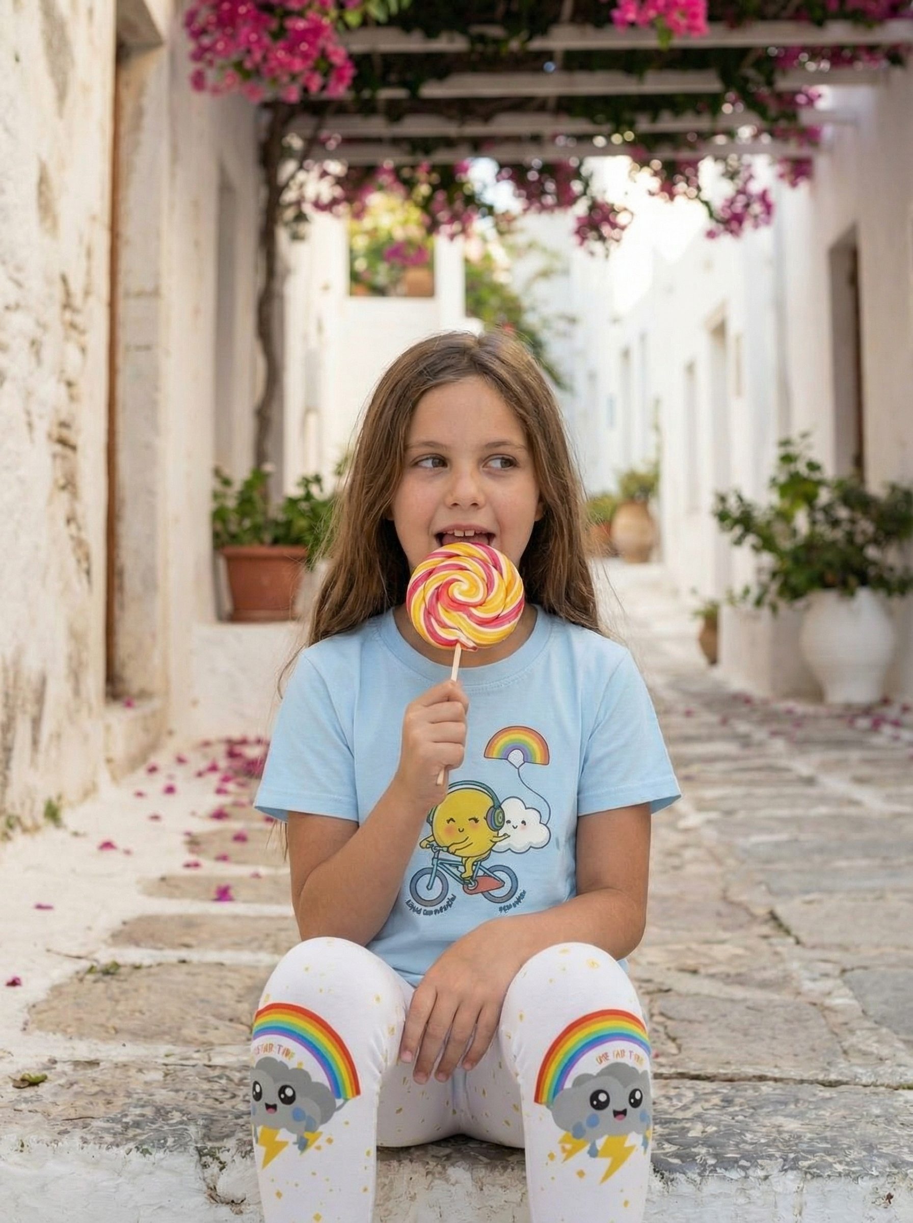 Young girl sitting on a stone path holding a colorful lollipop, wearing a light blue shirt and white leggings with rainbow designs.