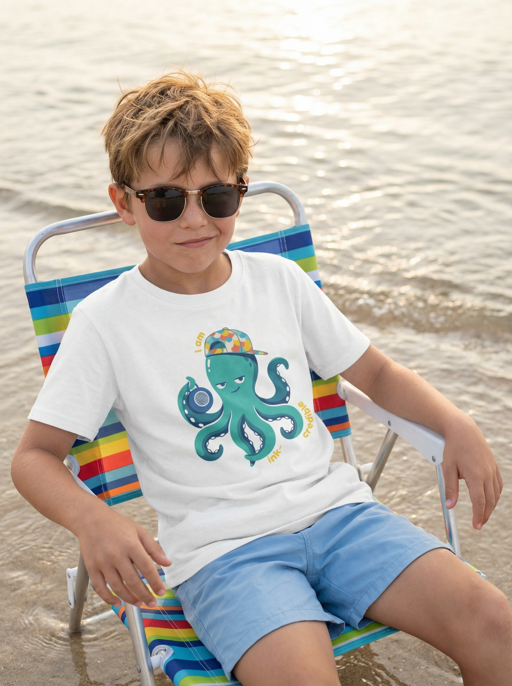 Child sitting on a striped beach chair by the water wearing sunglasses and a t-shirt with an octopus design.