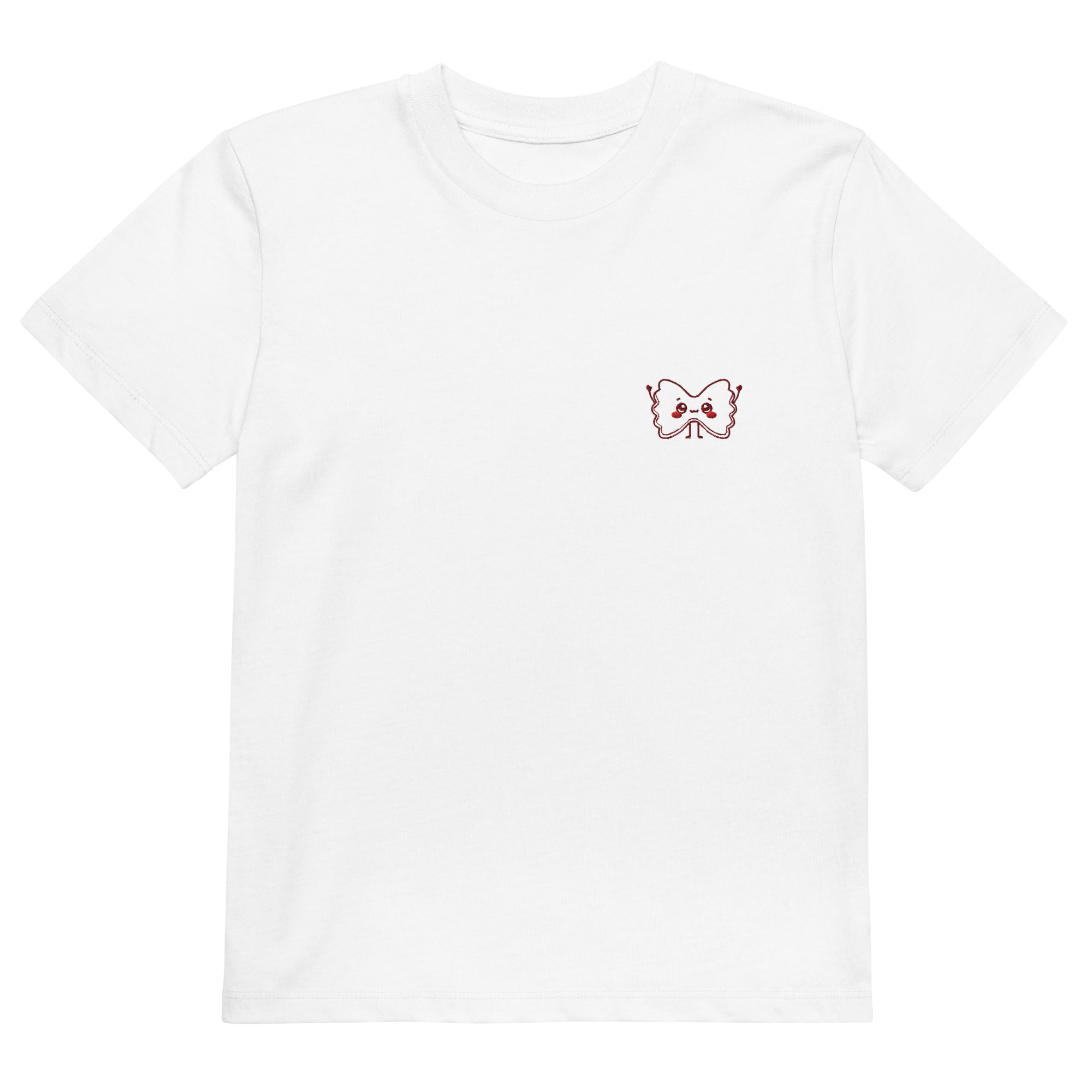 White t-shirt with a small red and white butterfly design on a white background