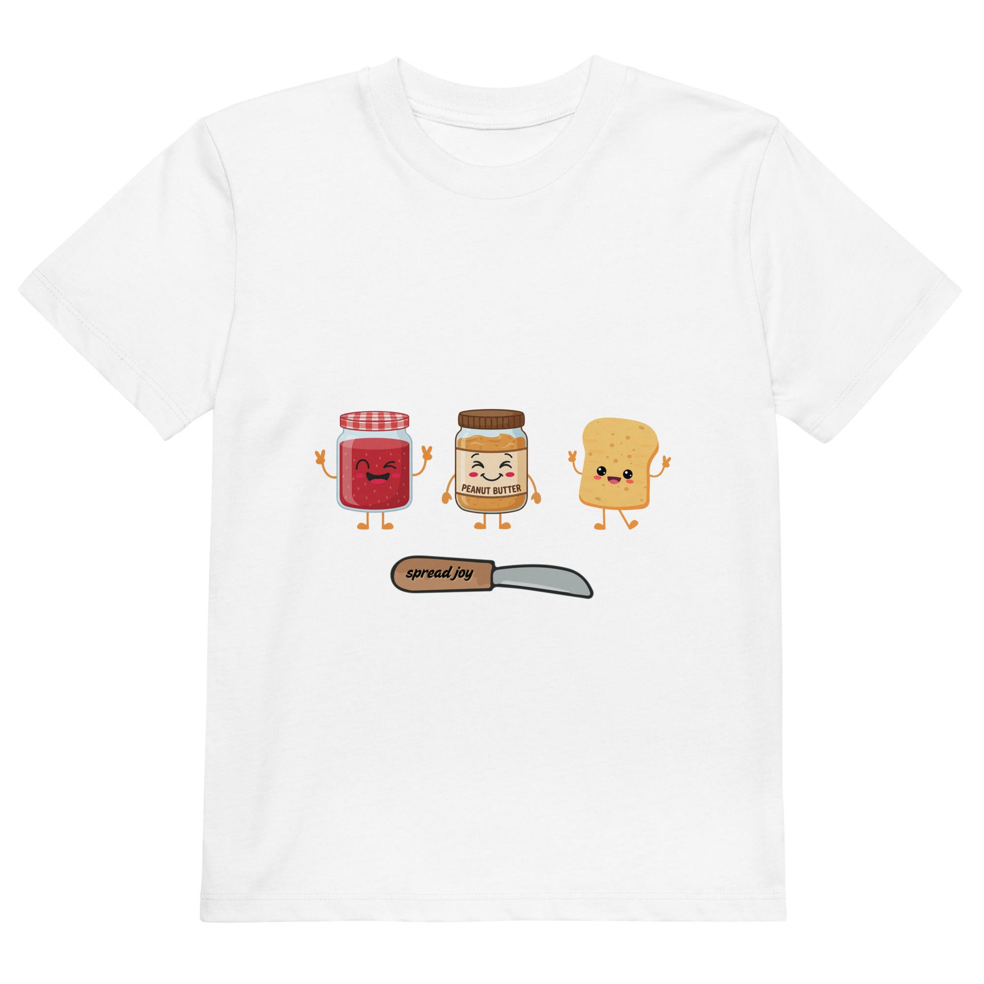 White t-shirt with cartoon peanut butter and jelly design on a white background