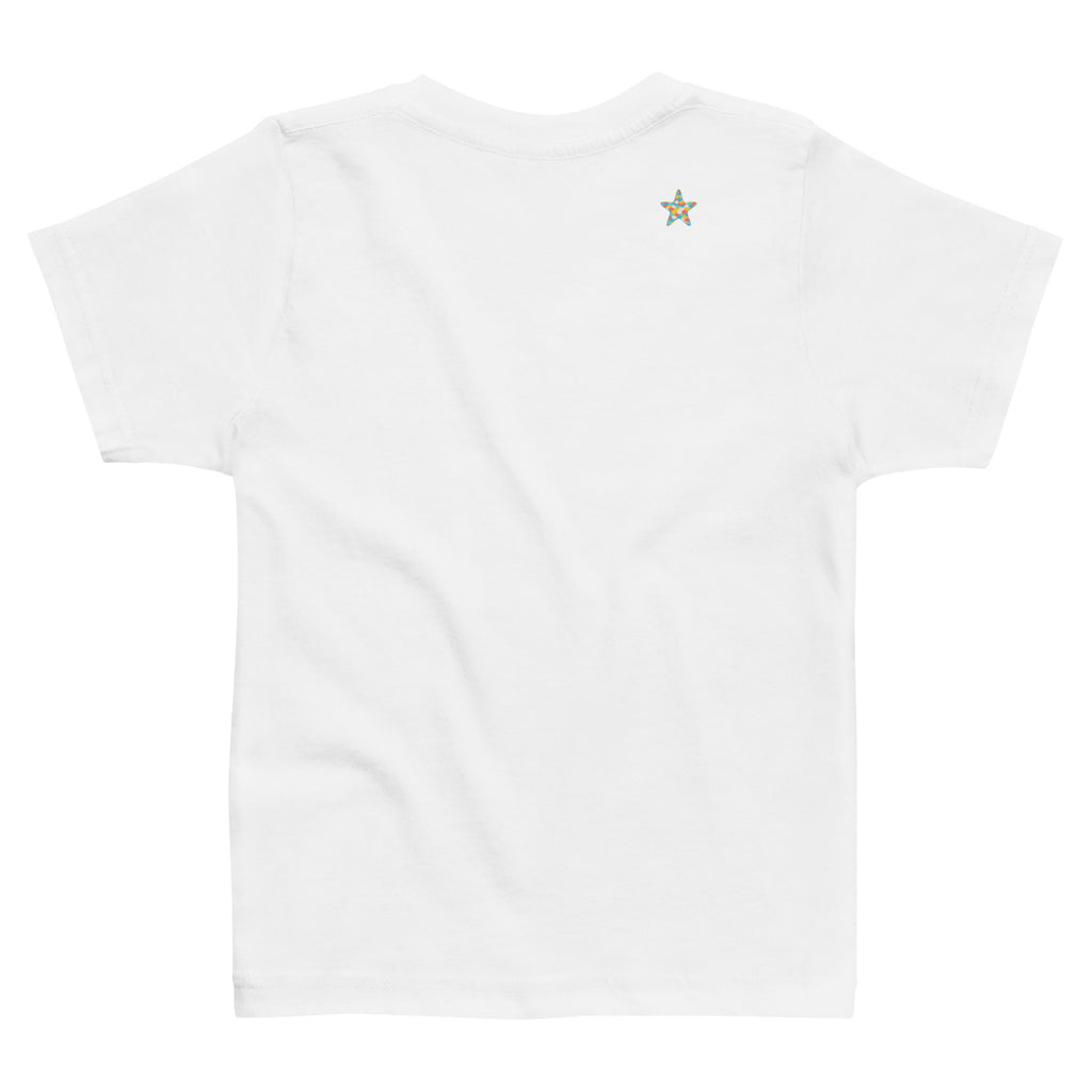 White t-shirt with a small star design on the chest against a white background