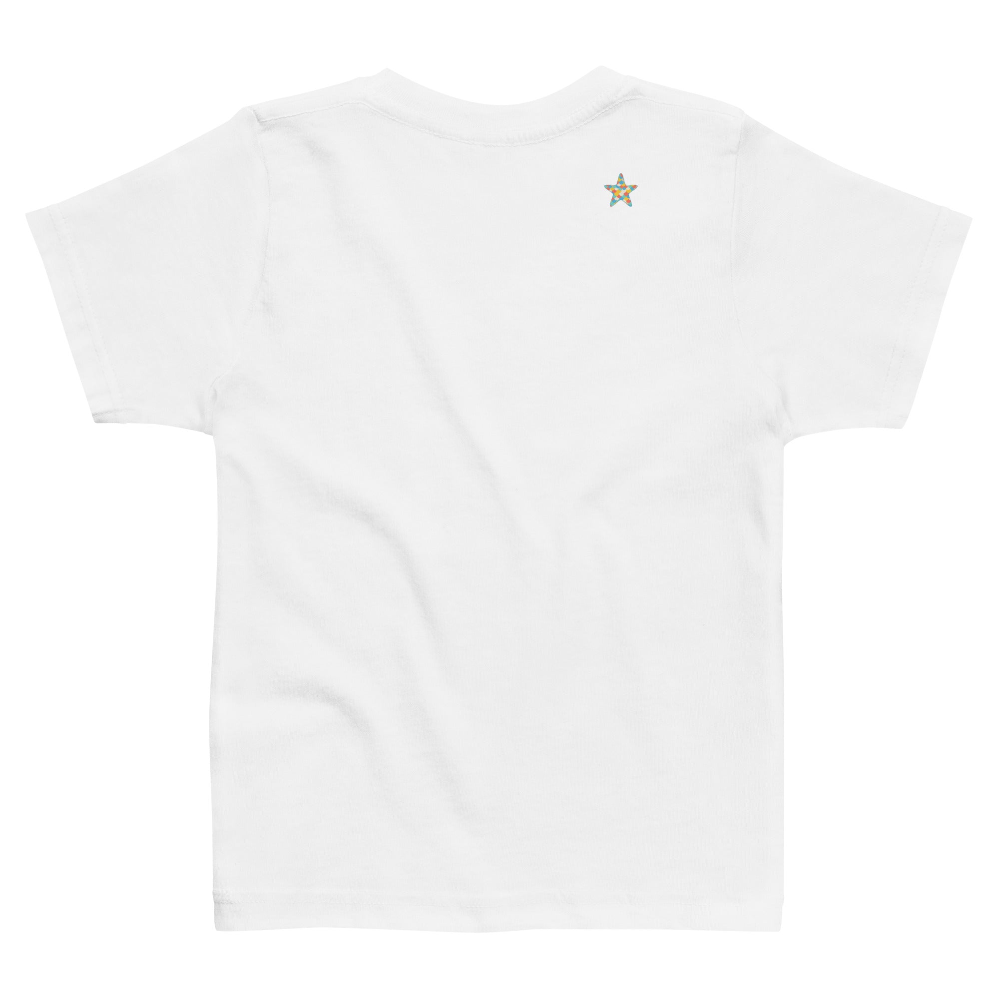 White t-shirt with a small star design on the chest against a white background