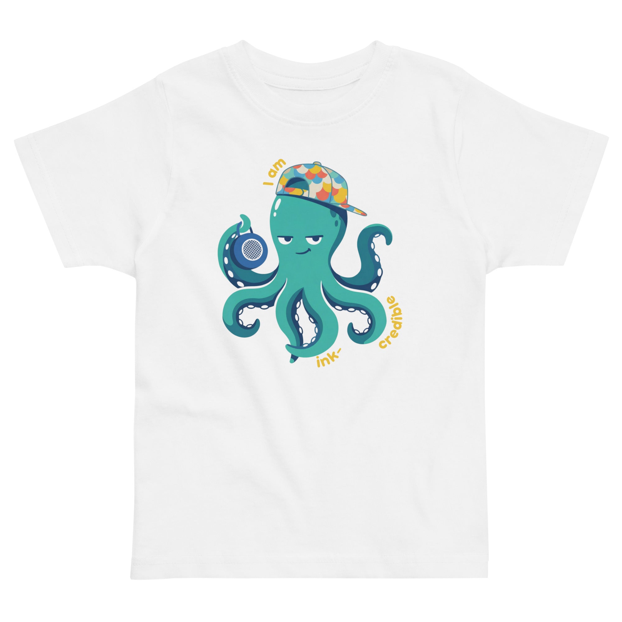 White t-shirt with a green octopus wearing a colorful cap on a white background