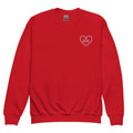 Red sweatshirt with a heart design and text on a white background