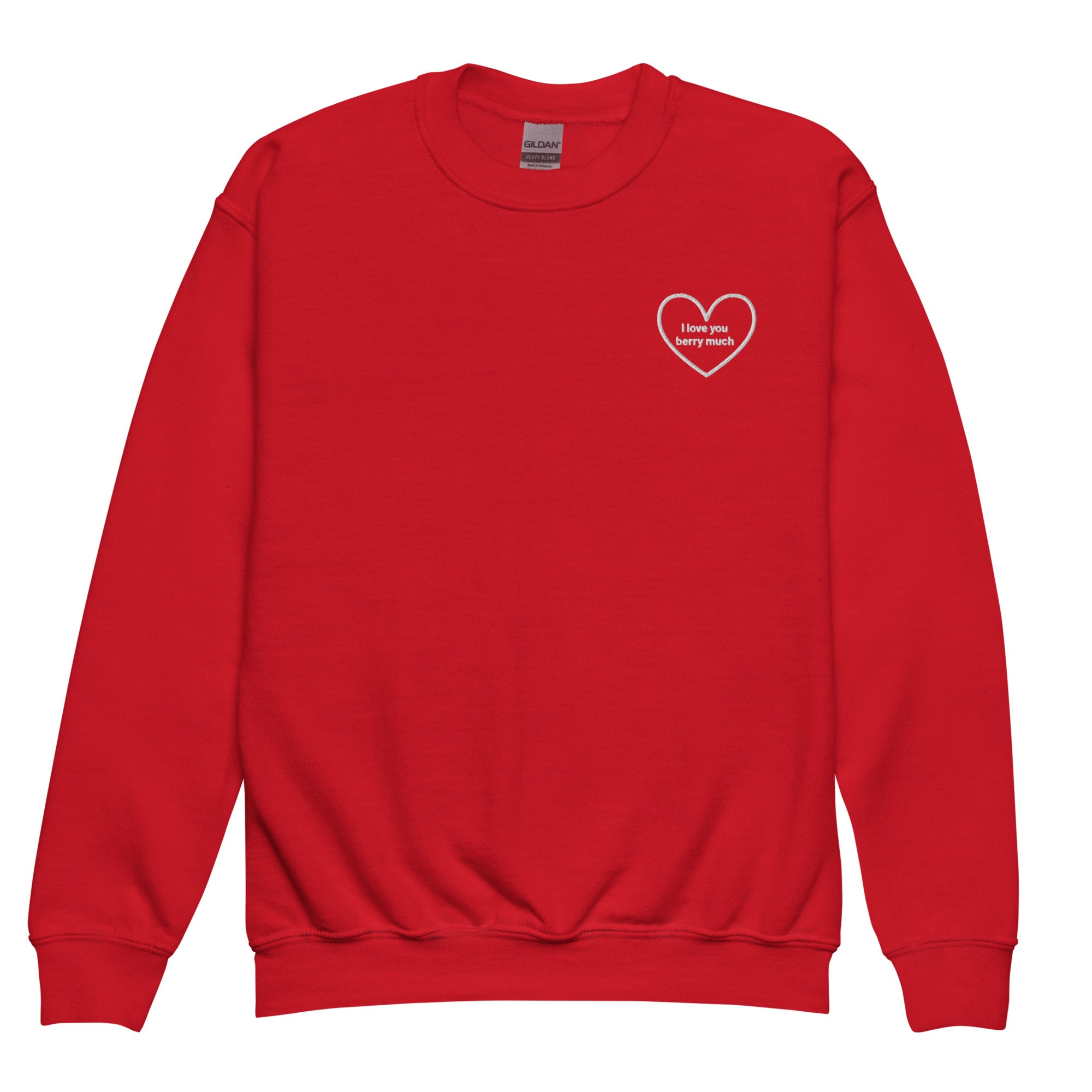 Red sweatshirt with a heart design and text on a white background