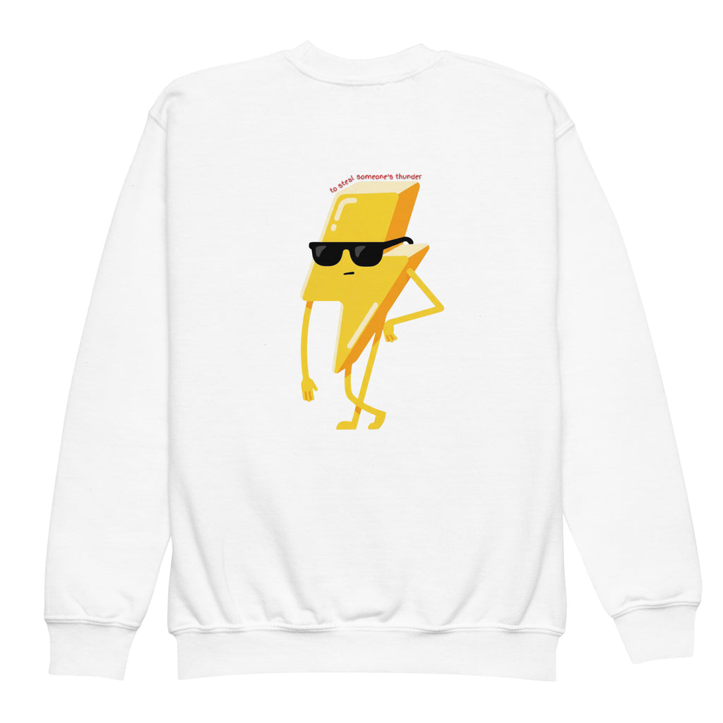 White sweatshirt with a yellow character design on a white background