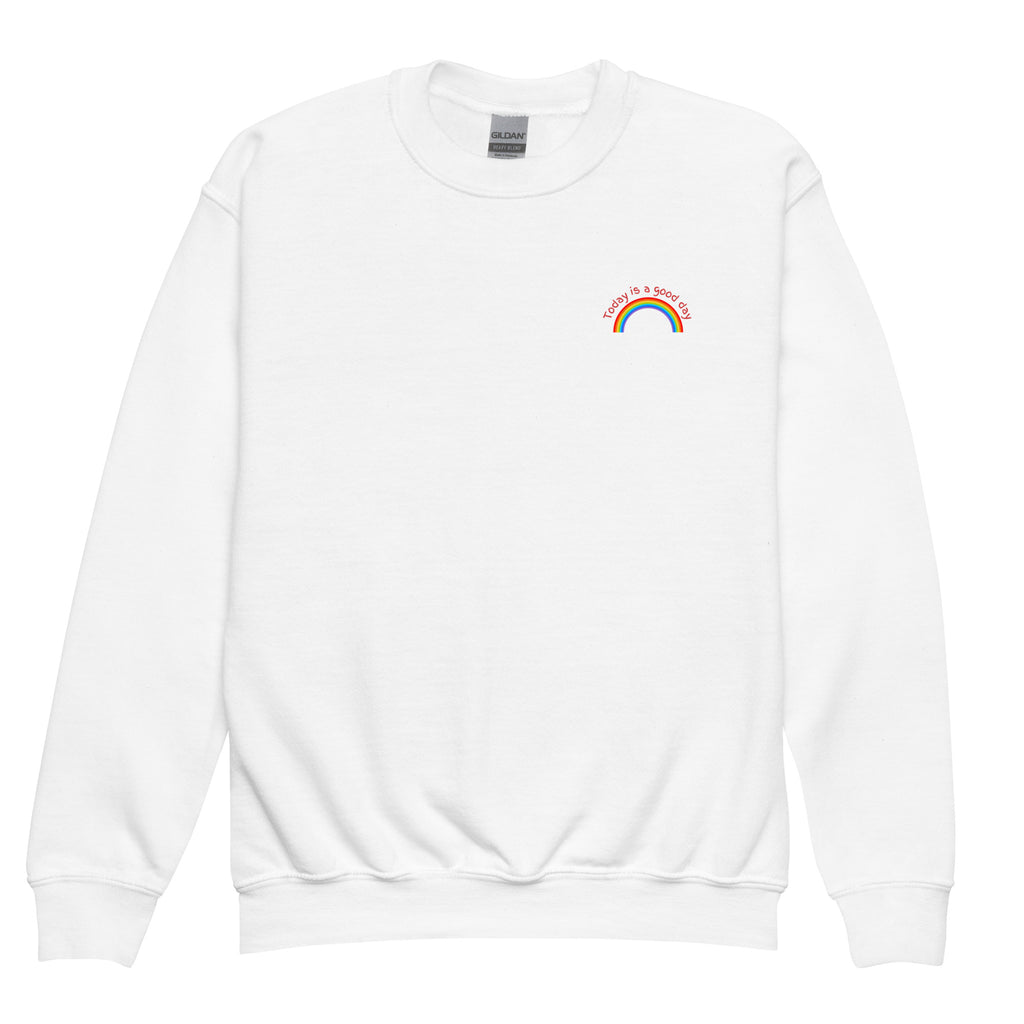 White sweatshirt with a rainbow and text design on a white background