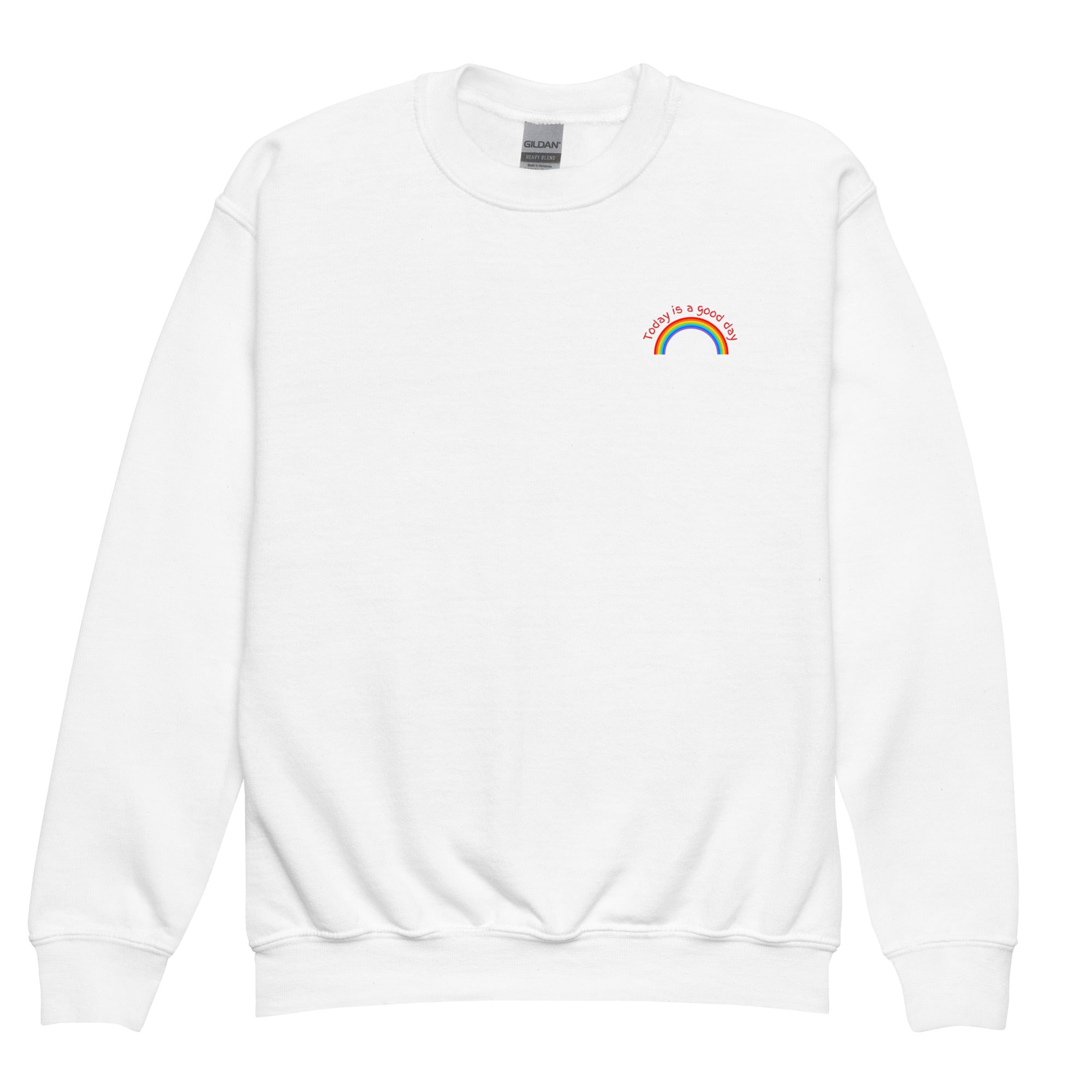 White sweatshirt with a rainbow and text design on a white background